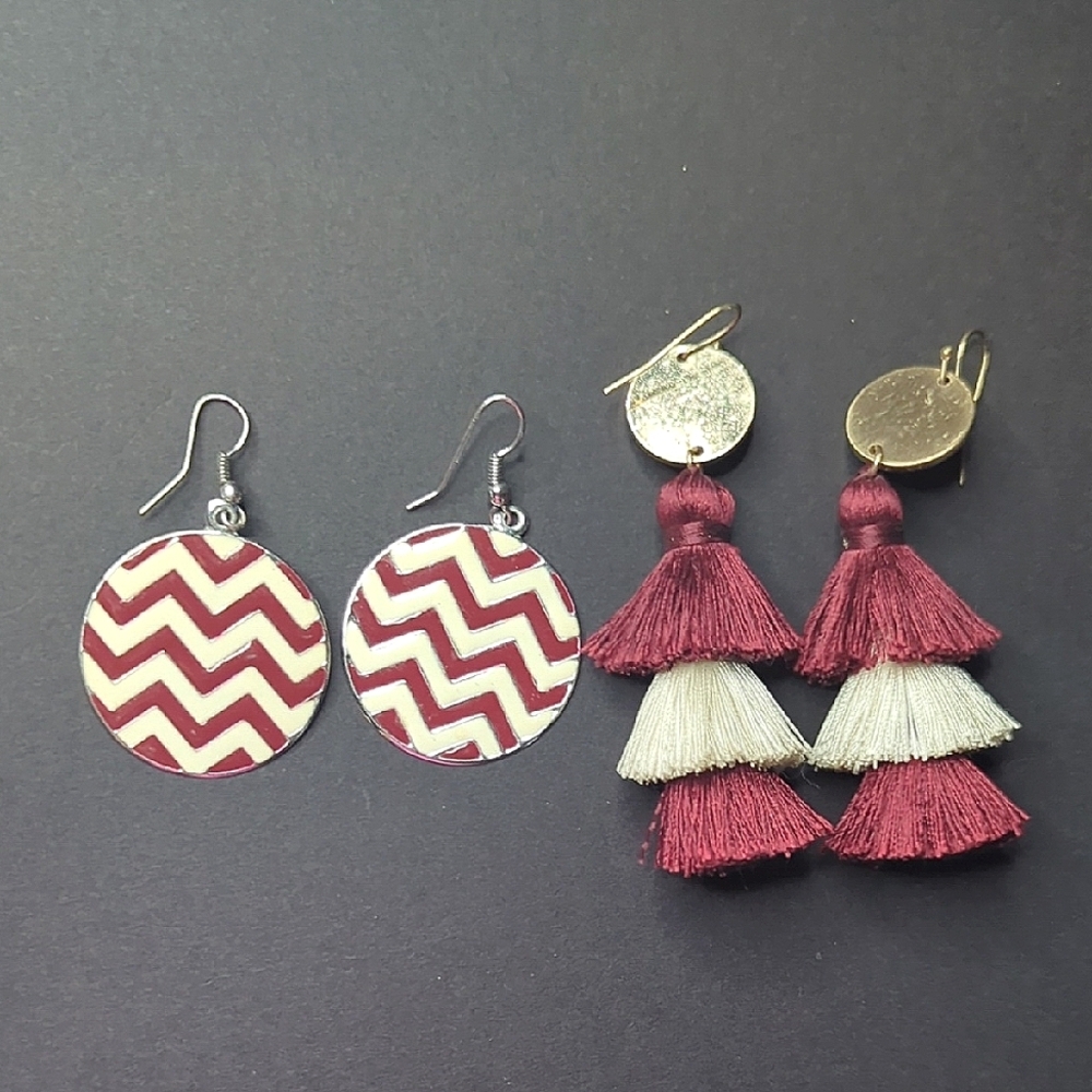 ❤️5/$25 Chevron and Tassel Earrings in Burgundy and Cream